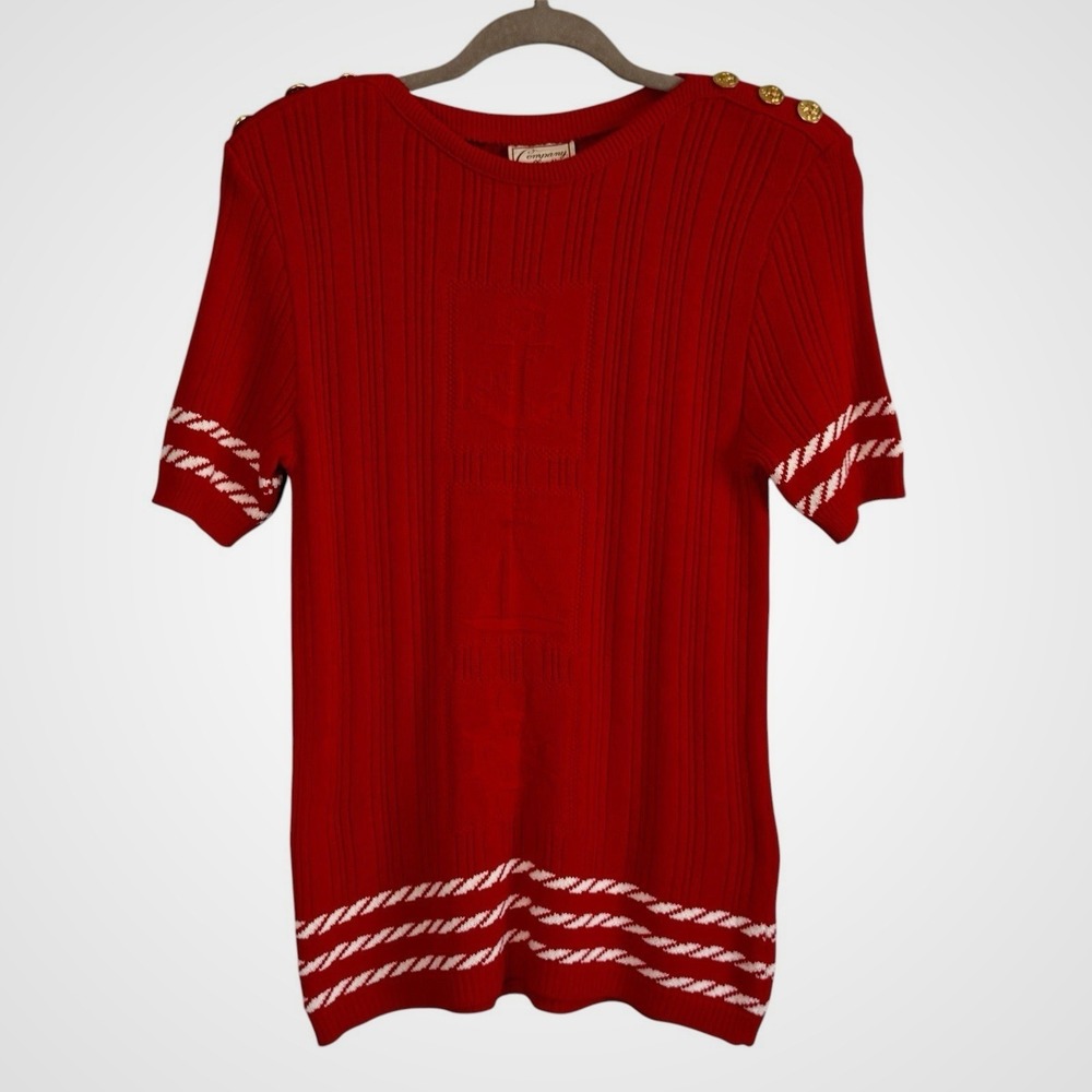 Vintage Nautical Red Short Sleeved Sweater With Gold Buttons S